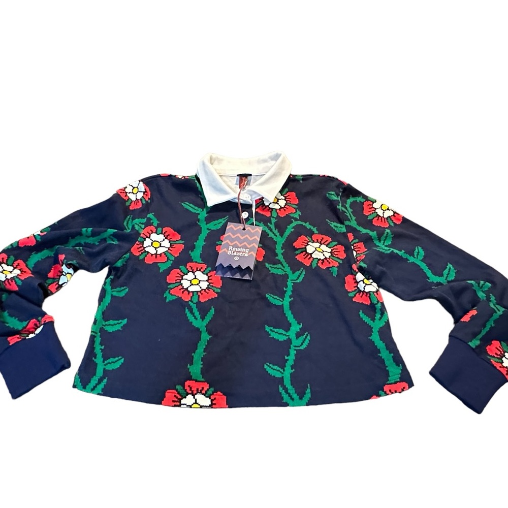 NWT‎ ROWING BLAZERS x TARGET Rose Print Long Sleeve Collard Rugby Shirt Navy